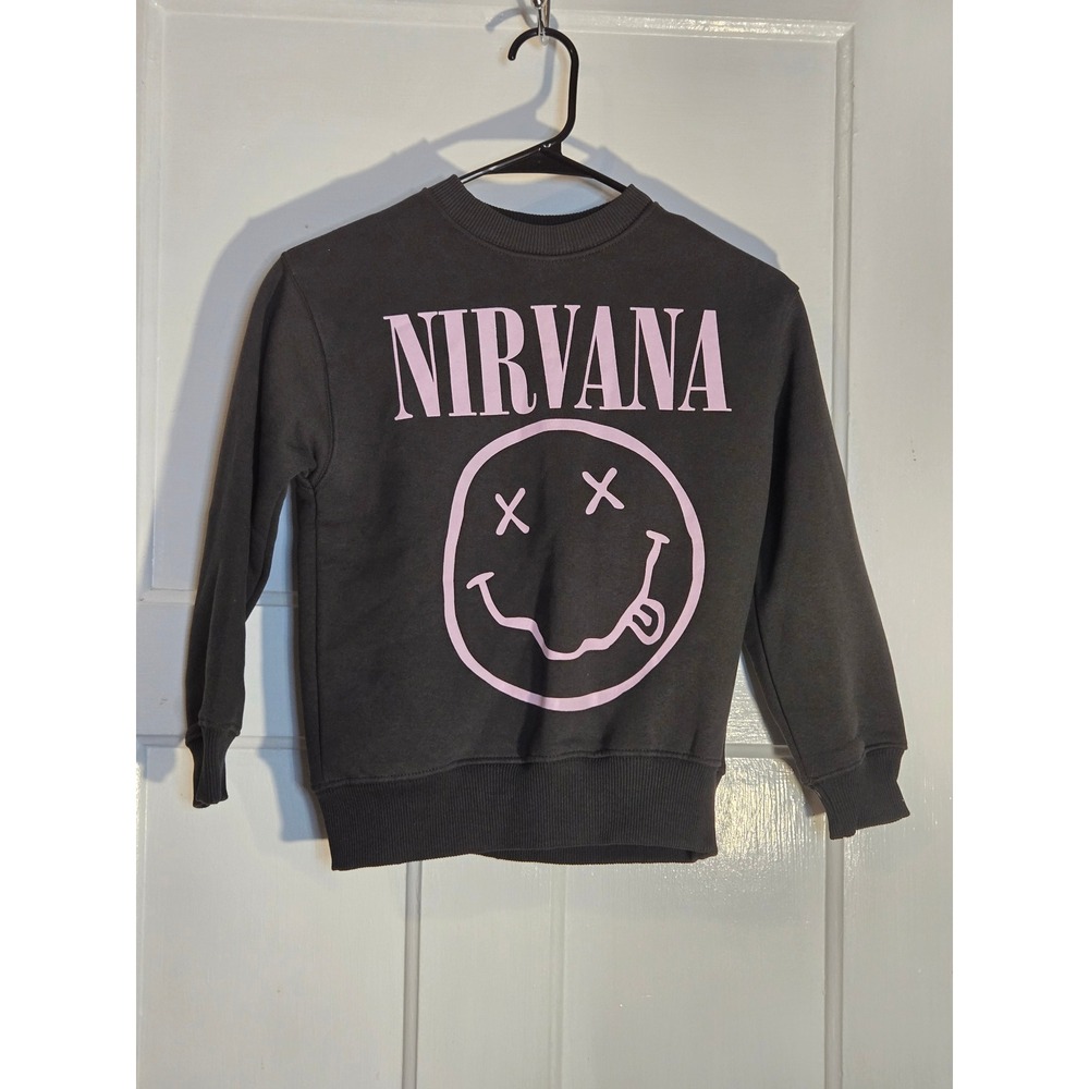 Zara Kids Nirvana Smiley Face Graphic Sweatshirt Charcoal Pink Size 8-9 130cm